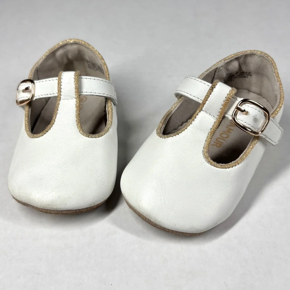 L'Amour White‎ Leather T-Strap Toddler 4 Shoes Gold Glitter Trim 3533 GUC
